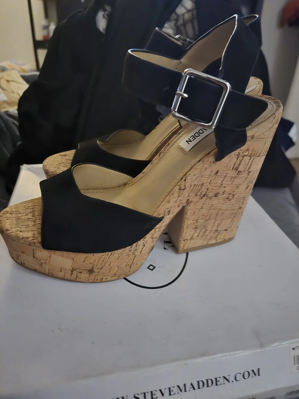 Steve Madden Black Platform Cork Block Heel Sandals with Buckle